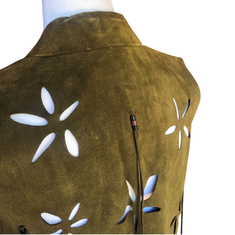 Vintage Army Green Suede Vest Fringe Detail and Flower cut outs - Picture 5 of 16